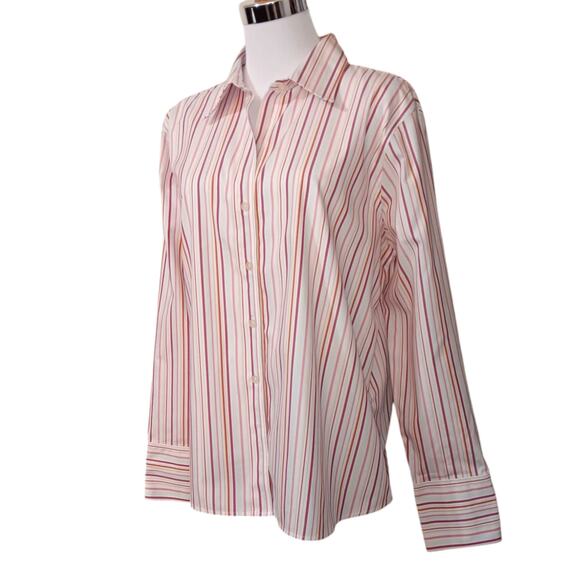 EDDIE BAUER Low Wrinkle Button Front Shirt Blouse Top Pink Stripe XL Casual Work - Picture 1 of 10